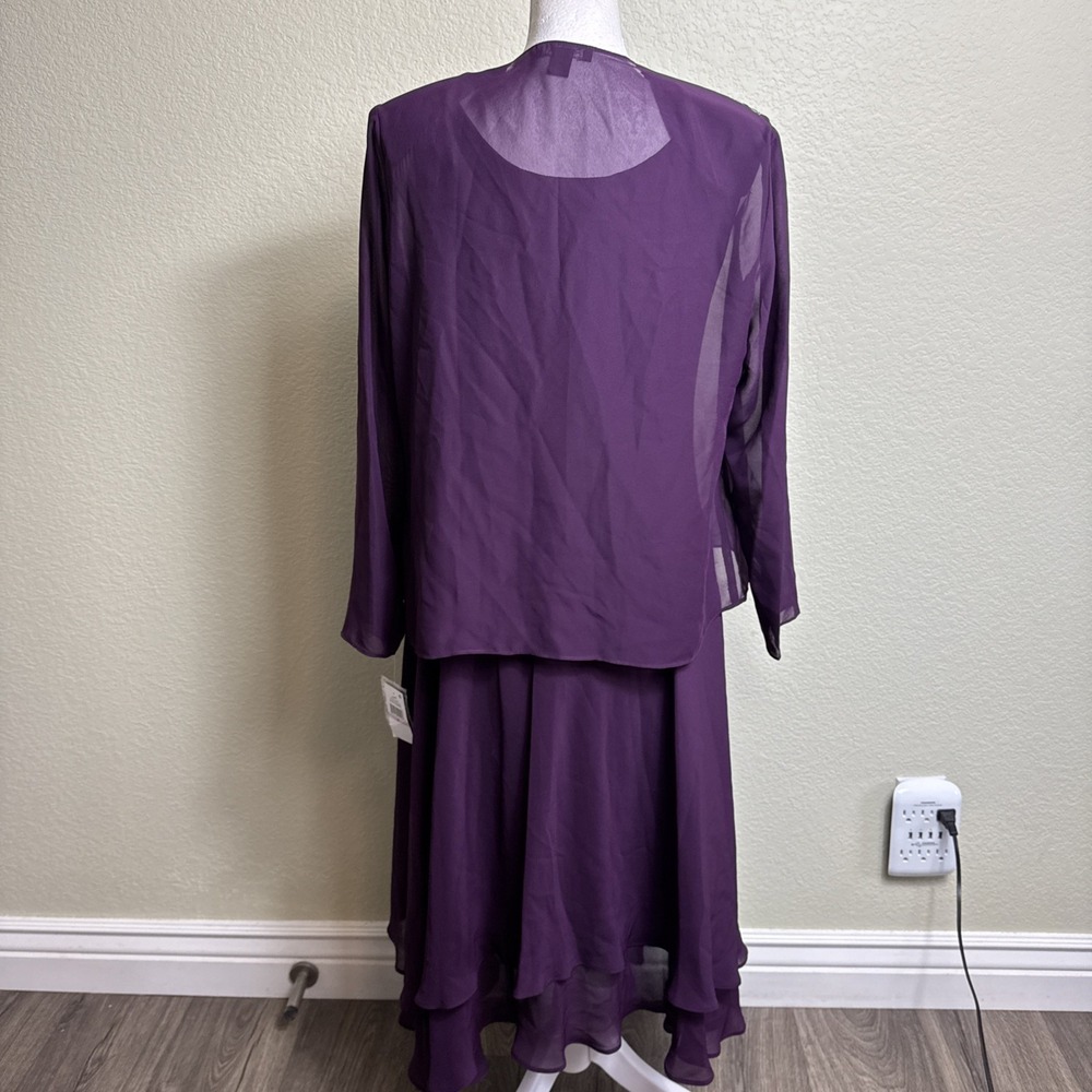 SLNY Beaded Chiffon Tiered Jacket Dress 2-Pc 6P Deep Plum Mother of the Bride - Picture 3 of 12